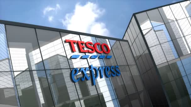 2019年8月 编辑仅使用3D动画 Tesco Express便利店标志在玻璃楼上 — 图库视频影像