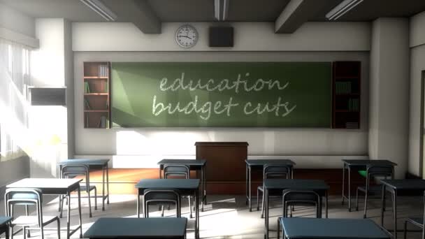 Leeg Klaslokaal Zwart Bord Schrijven Tekst Onderwijs Bezuinigingen Financiële Problemen — Stockvideo