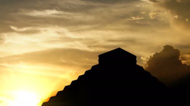 Mayan pyramid over sunset, 3d animation.