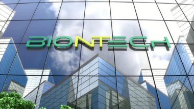 Aralık 2020, sadece editoryal kullanım, 3 boyutlu animasyon, BioNTech SE logosu cam bina üzerine.