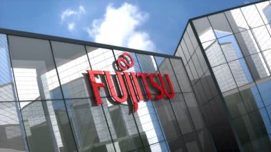 Mayıs 2020, sadece editoryal kullanım, 3 boyutlu animasyon, Fujitsu logosu cam bina.