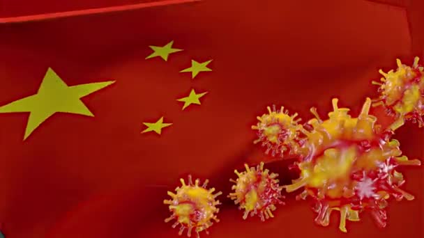 Ιός Προέρχεται Από Την Κίνα Σημαία Κίνας Και Κύτταρα Ιών — Αρχείο Βίντεο