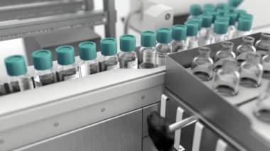 Aşı seri üretim hattı, ilaç fabrikası animasyonu.