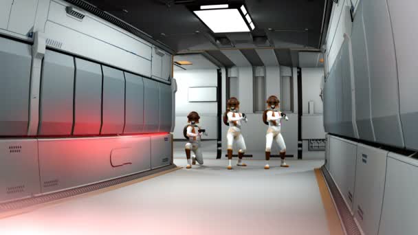Azione Tiro Cyborg Spaziale Nel Corridoio Fantascientifico — Video Stock