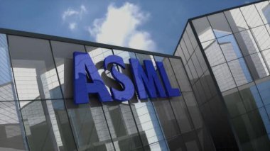 Sadece editoryal kullanım, 3D animasyon, ASML Holding N.V. logosu cam bina üzerinde.