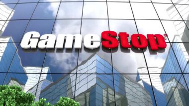 Mart 2022, sadece editoryal kullanım, 3 boyutlu animasyon, GameStop logosu cam inşaatı üzerine.