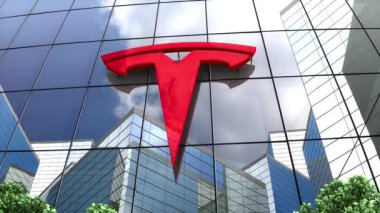 Mart 2022, sadece editoryal kullanım, 3 boyutlu animasyon, cam bina üzerine Tesla logosu.