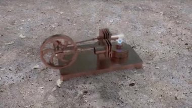 3 boyutlu animasyon, Stirling motoru, sıcak soğuk hava motoru operasyonu.