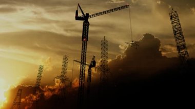 Animasyon, elektrik şebekesi inşaatı, inşaat vinçleri gün batımı.