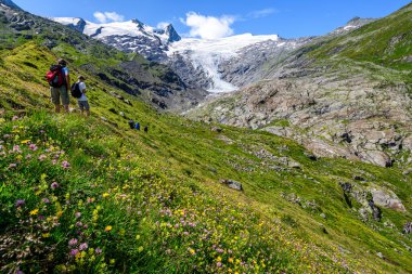 Avusturya 'daki Hohe Tauern Ulusal Parkı' nda Innergschloss yolunda yürüyüş yapan insanlar. 