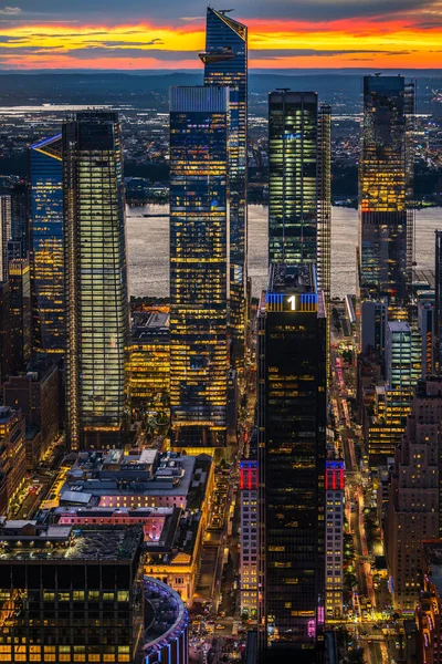 Een Rode Schemering Verlichte Hudson Yards New York City — Stockfoto