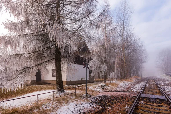 Egy Ház Vasút Mellett Egy Ködös Téli Napon Csehországi Krusne — Stock Fotó
