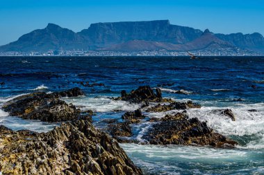 Cape Town 'daki masa dağında Robben Adası' ndan. Kayalık kayalıklar ön planda.