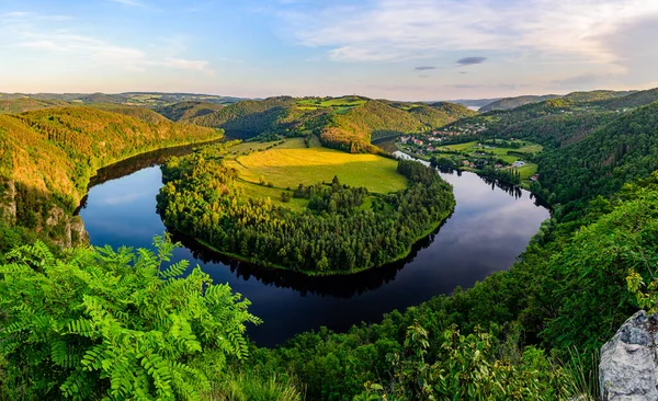 Çek Cumhuriyeti 'nin Vltava nehrinde gün batımında Solenicka podkova üzerinde bir gözcü. 