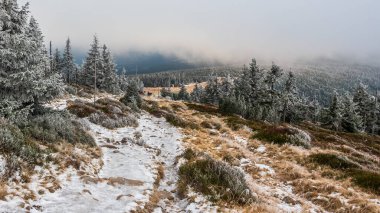 Krkonose Ulusal Parkı 'ndaki Slezke sedlo' ya doğru donmuş bir dağ yolu.. 