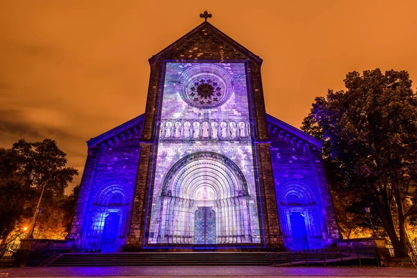 stock image Prague, Czech republic, October 2021 - A projection mapping on Church of Saints Cyril and Methodius during Signal festival