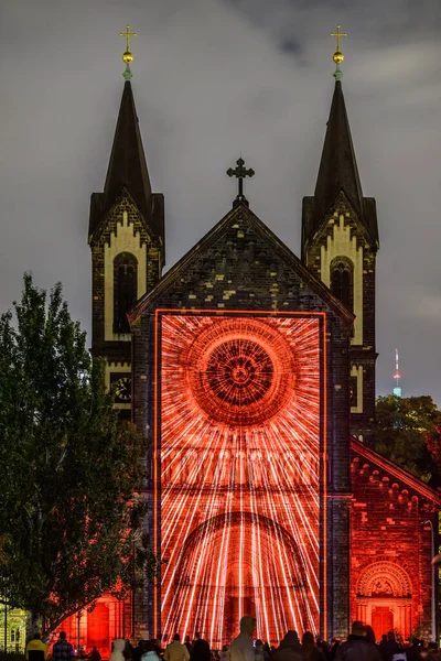 stock image Prague, Czech republic, October 2021 - A projection mapping on Church of Saints Cyril and Methodius during Signal festival