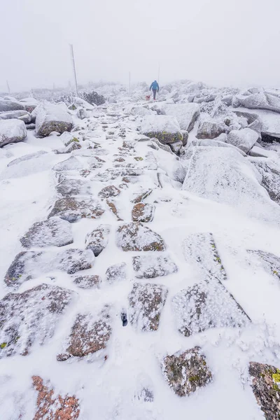 Zamarznięty Karkonoski Szlak Magistralny Karkonoskim Parku Narodowym Chłodny Zimowy Dzień — Zdjęcie stockowe
