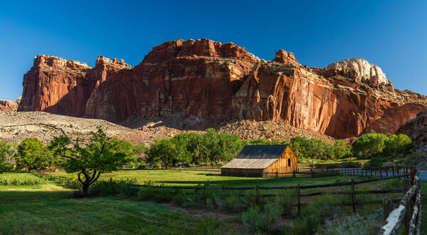 The historical remains of the Fruita Barn settlement in Capitol Reef national park in Utah.