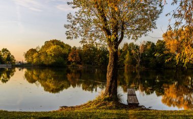 Prag yakınlarındaki Vestecky Rybnik 'te (Vestec havuzu) günbatımında güzel sonbahar renkleri.