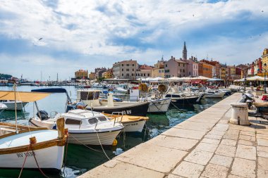 Rovinj, Hırvatistan, 4 Haziran 2022 - Rovinj limanı bir yaz günü teknelerle dolu