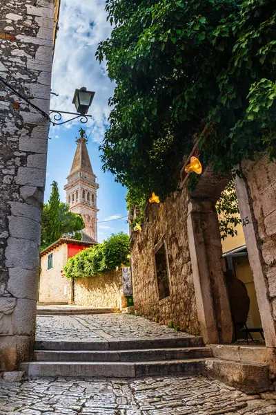 St. Euphemia Kilisesi 'nin çan kulesi ve Rovinj kentinin dar caddesi, Istria, Hırvatistan.