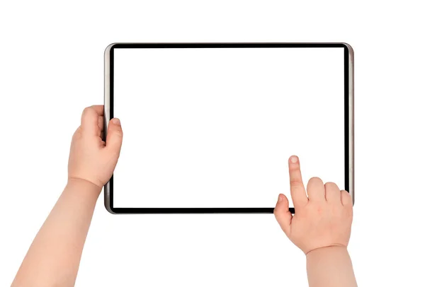 Digital Tablett Med Blank Display Barnets Händer Isolerad Vit Bakgrund — Stockfoto
