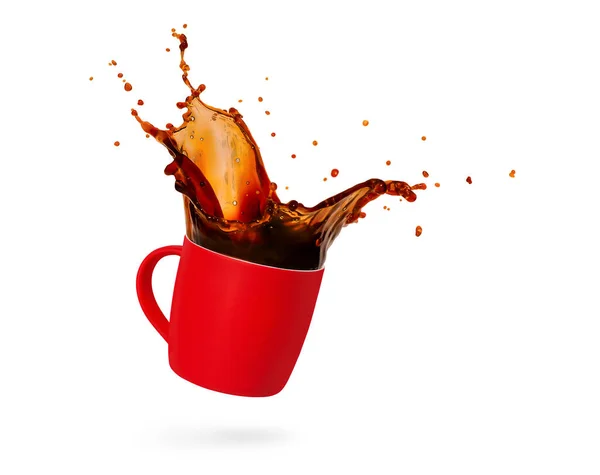 Beyaz arka planda izole edilmiş kırmızı bardakta kahve sıçraması.