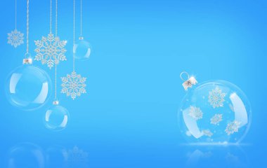 Mavi arka planda ışıl ışıl kar taneleri ve süsler. Fotokopi alanı ile Noel arkaplanı
