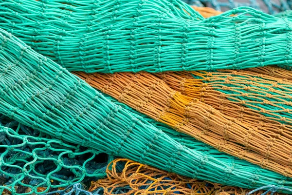 Green Orange Nylon Fishing Nets Drying Harbour — Stock Photo, Image