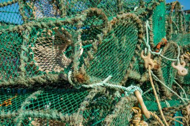 Yengeç ve ıstakoz tencereleri Tobermory 'deki Mull Adası' nda güneş ışığında bir limana yığıldı. 