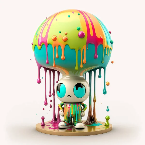 futuristic chrome robot dripping paint colorful on white background