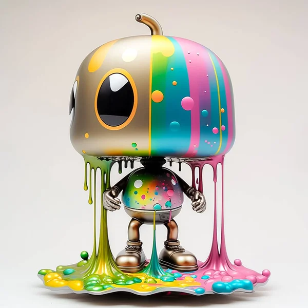 futuristic chrome robot dripping paint colorful on white background