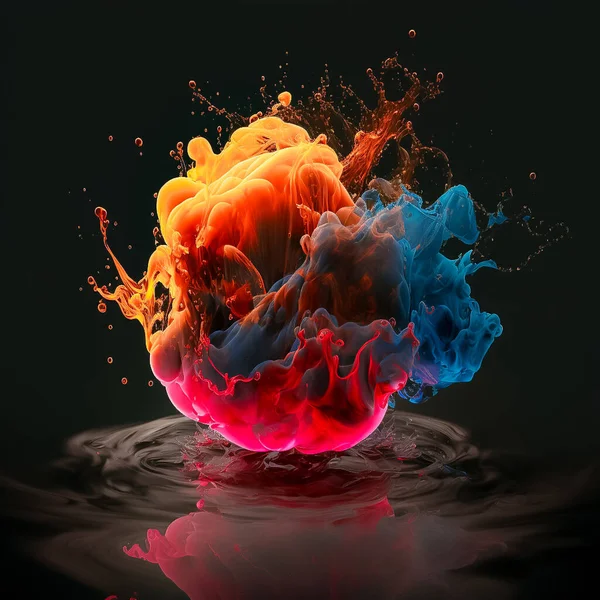 Ink dropped in water, translucent, colorful exploding fireball on black background