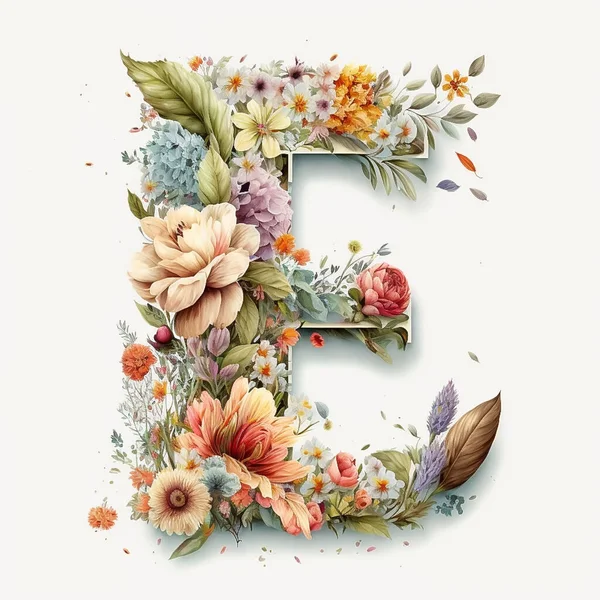 letter E containing flowers on a white background