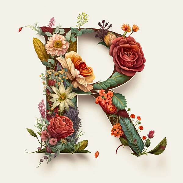 letter R containing flowers on a white background