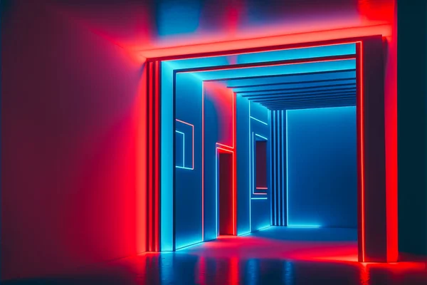 Photo of abstract futuristic room with red and blue neon