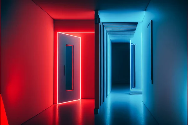 Photo of abstract futuristic room with red and blue neon
