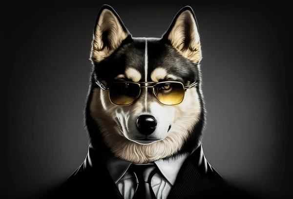 A Businessman anthropomorphic With A Dog Head wearing a black suit tie glasses