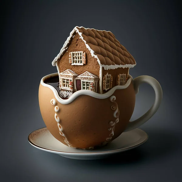a ginger bread house in a coffee cup