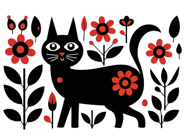 Beyaz arka planda çiçek silueti olan siyah kedi Kedicik Vektör illüstrasyonu