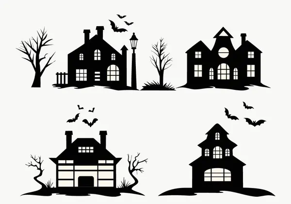 Siyah siluet kale seti. Şapel evleri, ağaçlar ve yarasalar. Siyah ve beyaz.