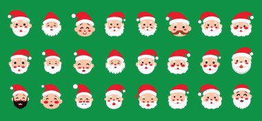 Çizgi film Noel Baba kafaları düz stil izole edilmiş yeşil arka plan konsepti