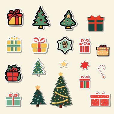 Noel ağacı, hediye kutusu, Noel Baba, yıldız, çizgi film tasarımı olan büyük elementler.