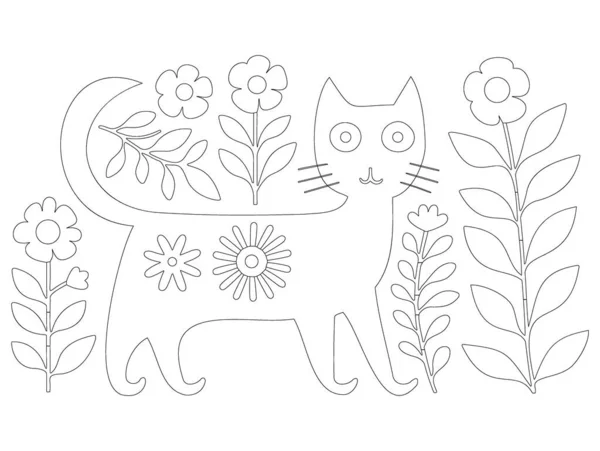 Beyaz arka planda çiçekli siyah çizgili kedi, sayfa boyama biçimi