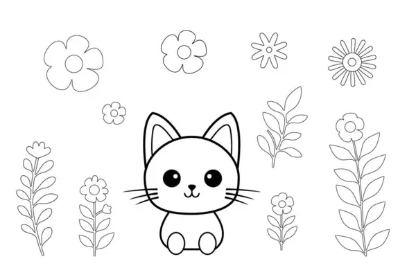 Çiçekli çocuklar için şirin hayvan boyama sayfası doğa ormanı, karikatür siyah beyaz çizimler
