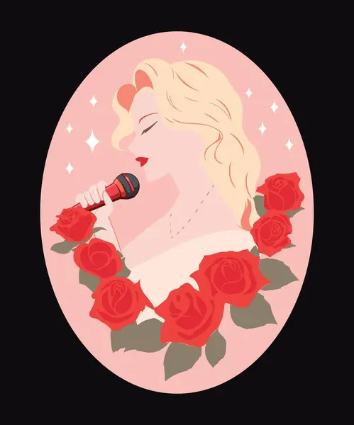 Mikrofon tutan ve çiçekle şarkı söyleyen güzel bir kadın.