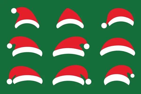 Yeşil arka planda izole edilmiş bir Noel Baba şapkası seti. Noel Kutlamaları için Vektör İllüstrasyonu