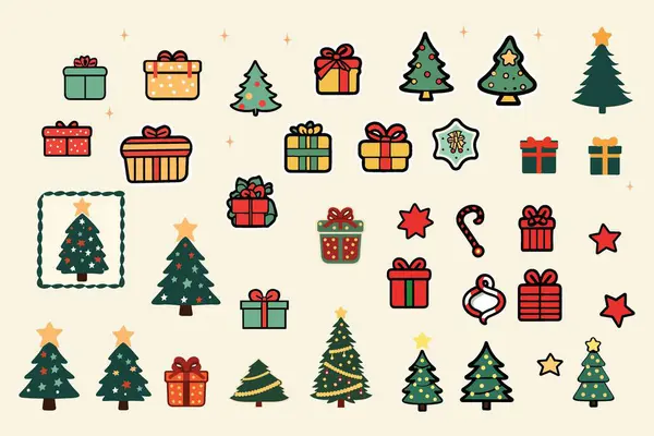Noel ağacı, hediye kutusu, Noel Baba, yıldız, çizgi film tasarımı olan büyük elementler.