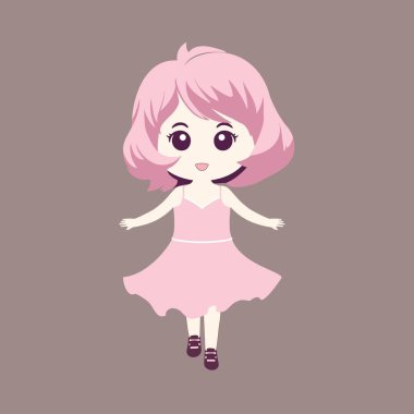 Çizgi Film Şık: Şirin Bir Elbise Giyen Güzel Kadın Gülümseyen ve Dans Eden Vektör İllüzyonu